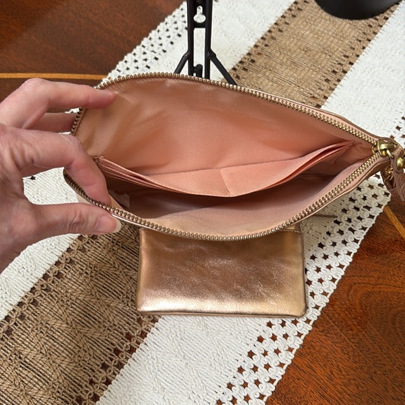 Lodis Leather RFID Metallic Rose Gold Shimmer Zipper Clutch and Coin Pouch Set - Picture 6 of 14